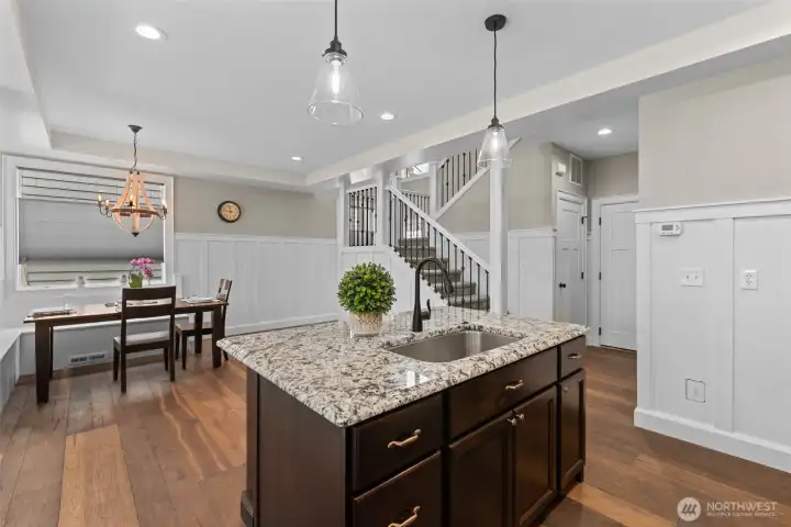 Kitchen island and dining area.