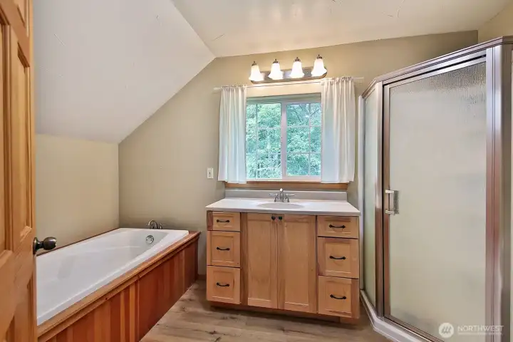 Primary full bath with tub and separate shower. Primary full bath with tub and separate shower.
