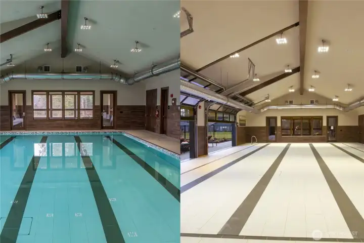 Wonderful indoor pool in the clubhouse provides year-long recreation, water classes, pool volleyball and even "events" where grandkids are welcome for water-fun!. Indoor pool feels like an outdoor pool in summer when the "garage" doors are opened. PLUS the water dissipates, the floor closes, and viola - a dance floor / event room for you and 99 of your closest friends!