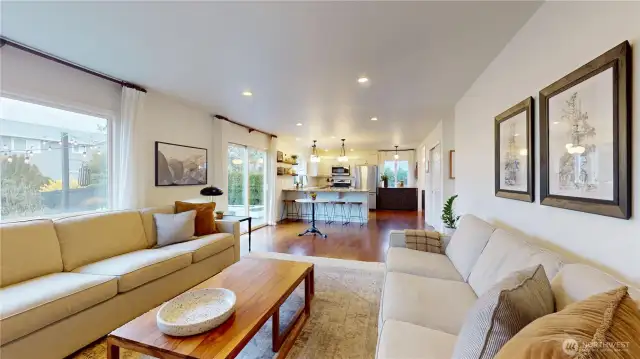 Looking from back of family room toward eating area and kitchen