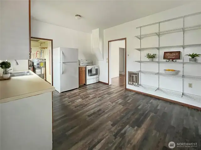 Lots of shelves in kitchen.