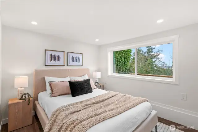 Lower level guest room with views of the sound