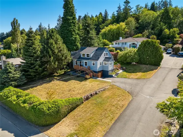 Aerial view of large lot and mature landscaping.