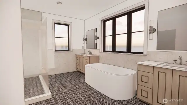 The luxe primary ensuite bath would feature dual vanities, a large soaking tub, shower and separate toilet room.