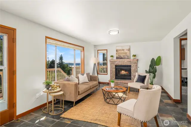 Family room has great views of the Sound