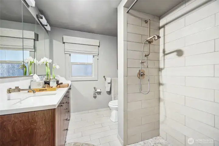 ¾ Hall Bathroom  Wheelchair-accessible bathroom door and curbless shower enclosure  Dramatic flat pebble tile feature across bathroom and shower floor, travelling up enclosure wall  Double vanity with two undermount sinks, quartz countertop and backsplash  Brizo Litze plumbing fixtures, including wall-mount faucets and European handheld shower head  Kohler sinks and toilet  Walk-in curbless shower with pebble floor and four inset tile niches  Vintage Nutone integrated light / nightlight / vent fan / heat fan  Dual recessed medicine cabinets with interior electrical outlets  Hubbardton Forge Oceanus Double Wall Sconces  Recessed framed wall display niche with adjustable glass shelving