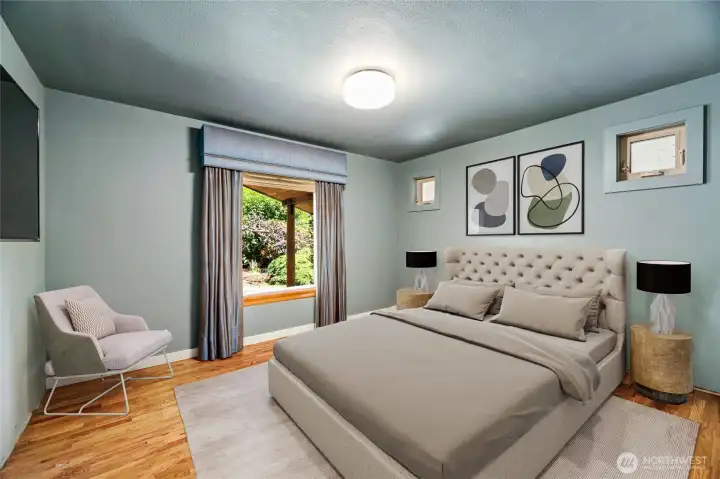 Bedroom #1 – North side of house   Window with view of front yard   Large cedar-lined closet with closet organization system and interior lighting  Beautiful hardwood floors   Goes with Seller:  Cornice and curtains in north bedroom (grass weave shade stays)  Virtually staged