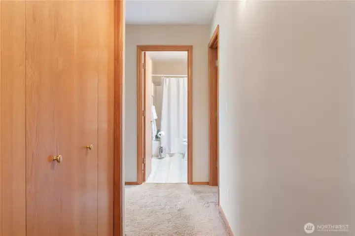 Hallway to the left takes you to the bedrooms and guest bath straight ahead. Hallway to the left takes you to the bedrooms and guest bath straight ahead.