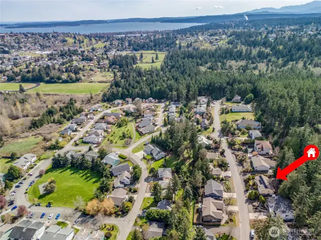 Heading to the South from the neighborhood is downtown and uptown Port Townsend.  Woods to the right are the miles upon miles of Cappy's trails.