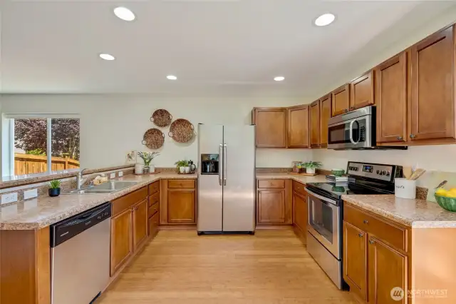 Kitchen with stainless steel appliances.
