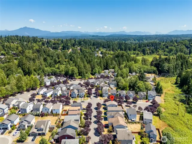 Aireal view of Mt. Pilchuck, community with beautiful tree lined streets.