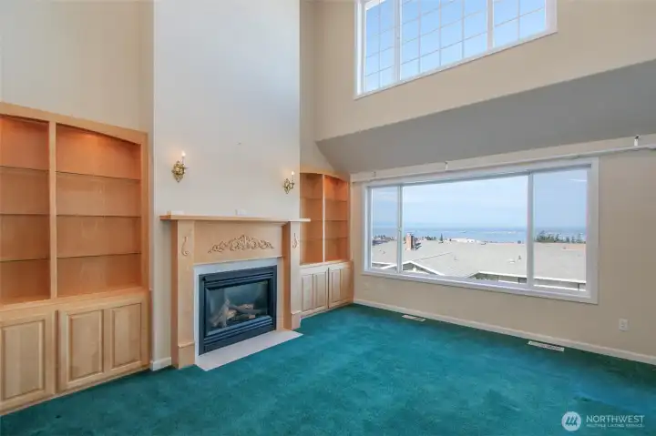 Living Room with built-in s and propane fireplace.
