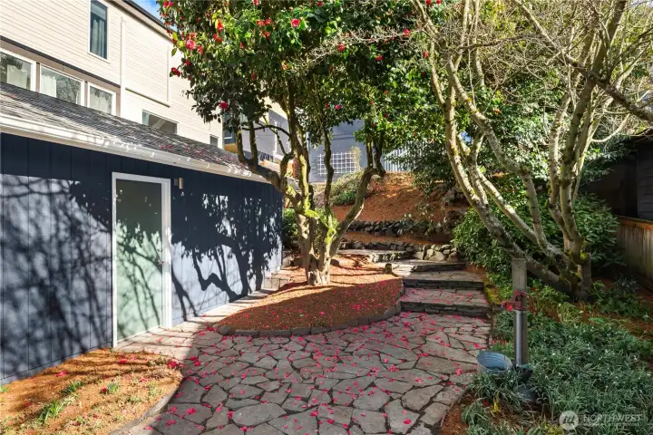 With the garage on the left we are looking at the flagstone path that meanders up to the house.
