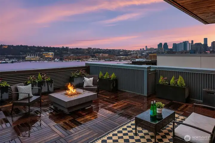 Expansive roof deck with 8 planters and firepit.