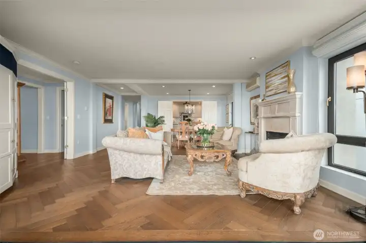Gorgeous oak hardwood floors, set on a herringbone pattern throughout the common spaces