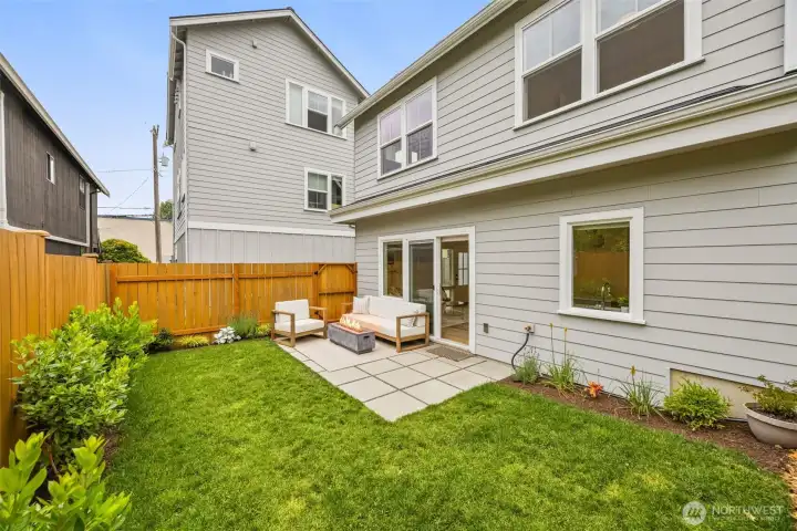 Private large backyard fully fenced-in with garden boxes.