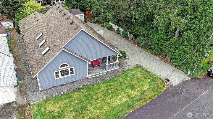 Aerial view of the home facing Northwest.