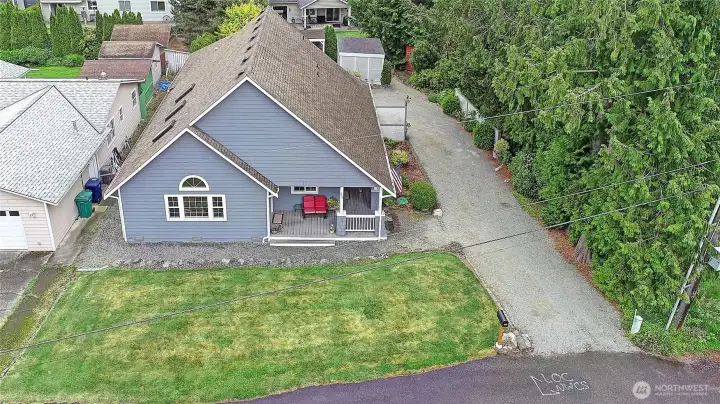 Aerial view of the home facing West.