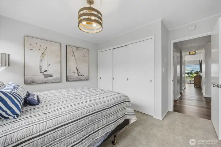 There is one bedroom on each of the back ends of the Condo. The Guest bedroom is closest to the front entry. There is one bedroom on each of the back ends of the Condo. The Guest bedroom is closest to the front entry.