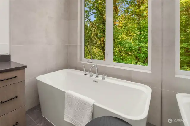 Freestanding soak tub with a view