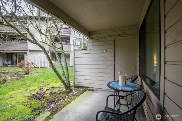 Private and serene back patio space, with storage closet.