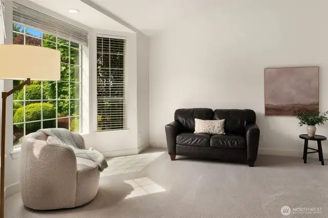 Living room with inviting, bright windows.