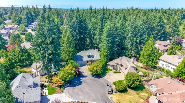 This home is tucked into the end of a quiet cul-de-sac, surrounded by mature vegetation.