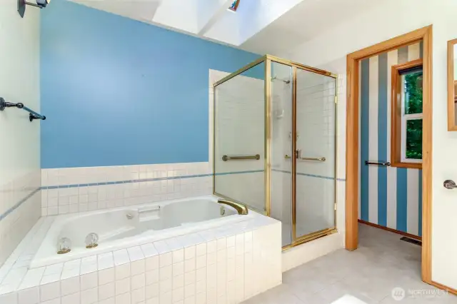 Jetted tub, glassed-in shower and separate toilet room. You can see skylights, as well.