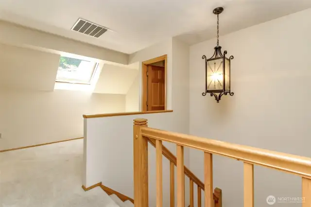 Top of stairs with nice sized sitting area/play area and large, opening skylight!