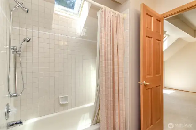 Upstairs bath with another skylight! Note the 6 panel VG fir doors that are throughout the home...