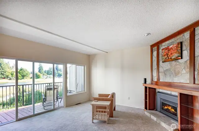 Check out the incredible detail of this main floor living room.  A wall of windows allows loads of  natural light.  Custom cherry and stone natural gas fireplace and mantle is a unique statement piece.  Brand new carpet installed throughout.