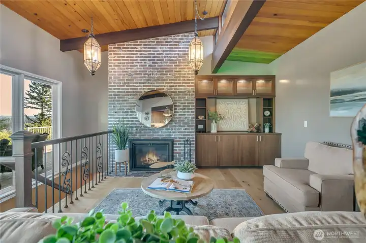 Living Room with brick fireplace