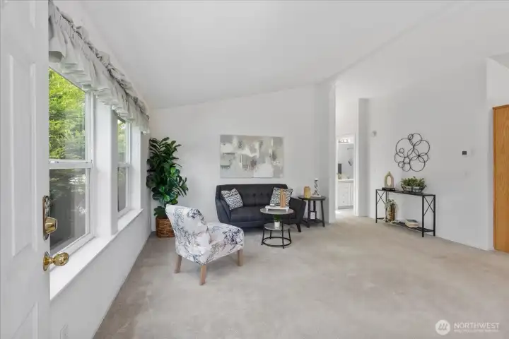 Vaulted ceilings in living room. Open floor plan
