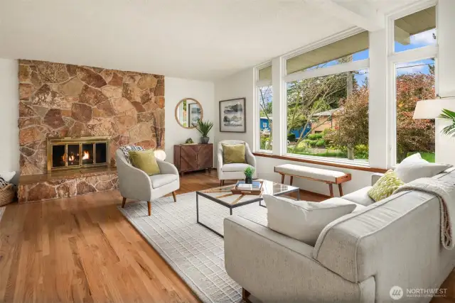 Stone wood burning fireplace