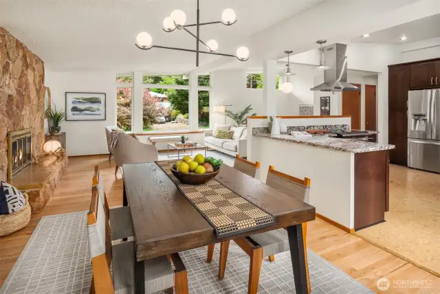 Living, dining and kitchen blend beautifully...