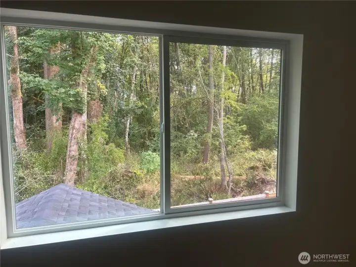 East facing primary bedroom overlooks 25' greenbelt for privacy.