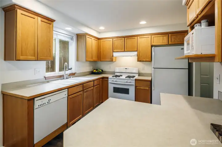 Lots of counter space, gas cook top.