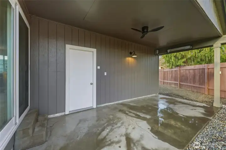 Covered outdoor living area with new fan & heater