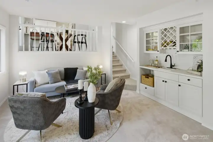 Updated lower level Family Room with built-in wet bar