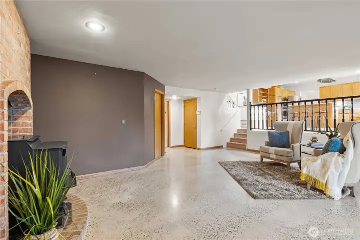 Family room with polished concrete floors