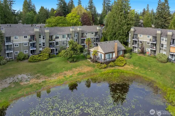 back view of the clubhouse and beverly lake