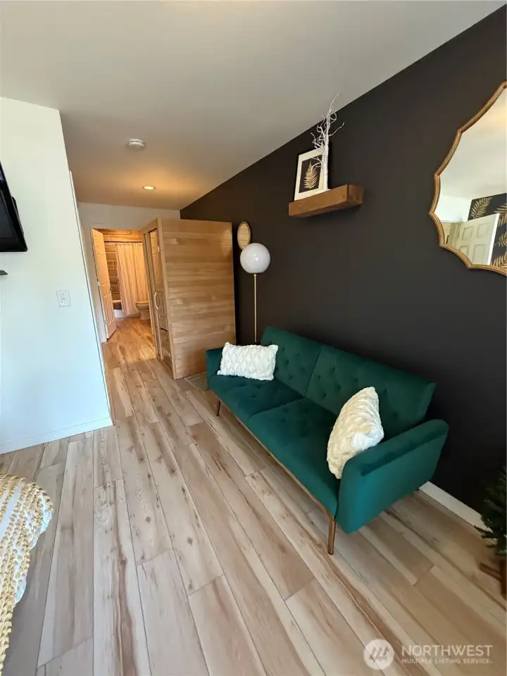 Indoor sauna in primary bedroom