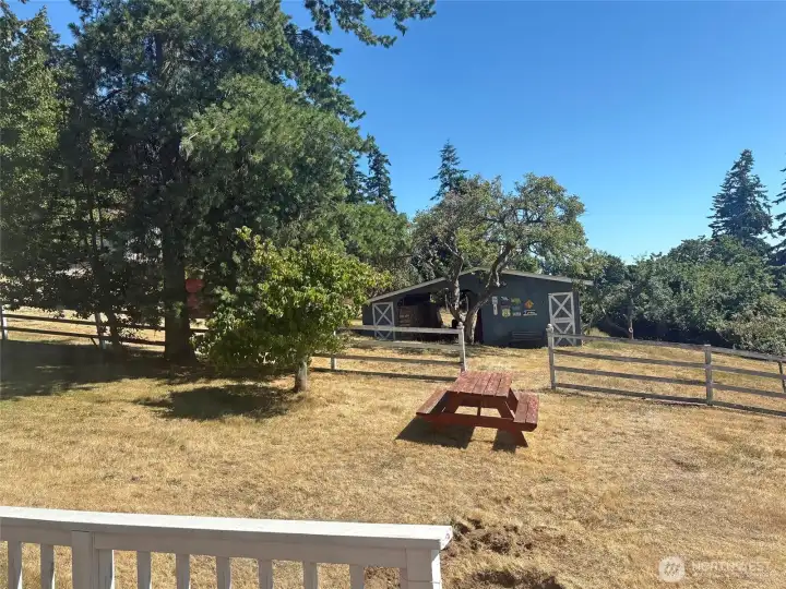This building is in the side yard pasture. It's both an equipment storage building, and a workshop. There is another small outbuilding, that has been a small barn to the left, behind the trees here. This building is in the side yard pasture. It's both an equipment storage building, and a workshop. There is another small outbuilding, that has been a small barn to the left, behind the trees here.