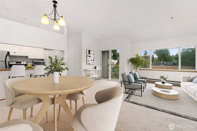Virtural Staged. High ceiling top corner unit.