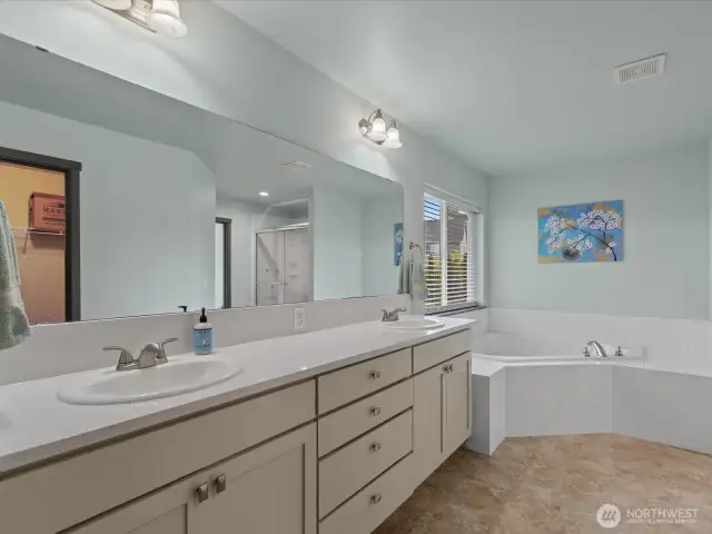 Double sinks & quartz counters.