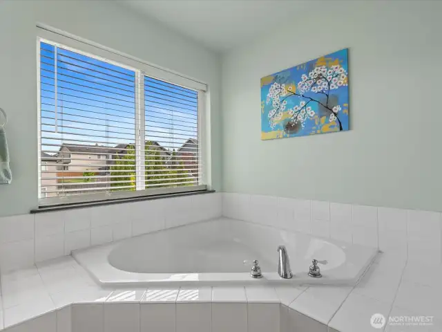 Large soaking tub next to extended shower.