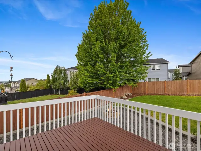 Newly refurbished deck overlooking the yard.