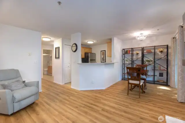 Another look at the dining room and kitchen from the living room.