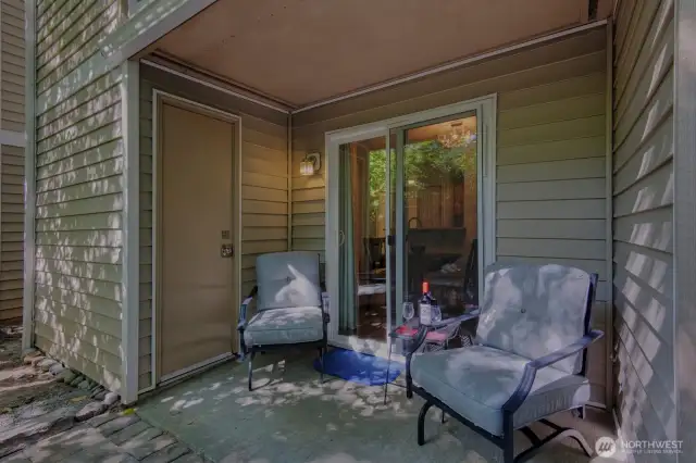 Relax on your private patio with storage closet.