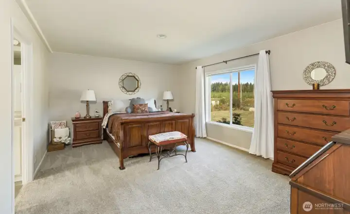 The primary bedroom features soft carpeting, abundant natural light, and peaceful views of the surrounding property, creating a relaxing retreat.